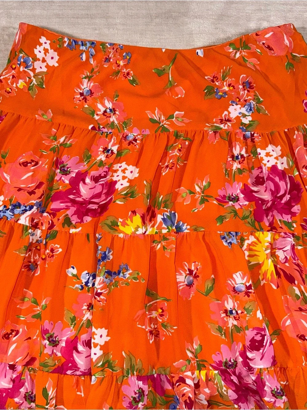 Chaps Orange Floral Tiered Midi Skirt with Pink and Yellow Blooms